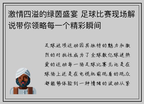 激情四溢的绿茵盛宴 足球比赛现场解说带你领略每一个精彩瞬间